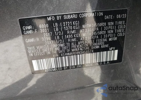 2022 Subaru Ascent Touring z USA, uszkodzony, nr VIN 4S4WMARD8N3458574